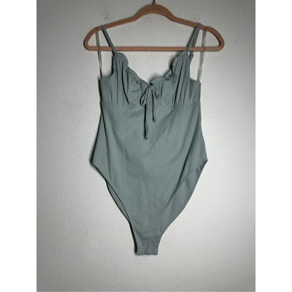 Wild Fable Sea Foam Green Ribbed Ruched Corset Style Bust Bodysuit Size M